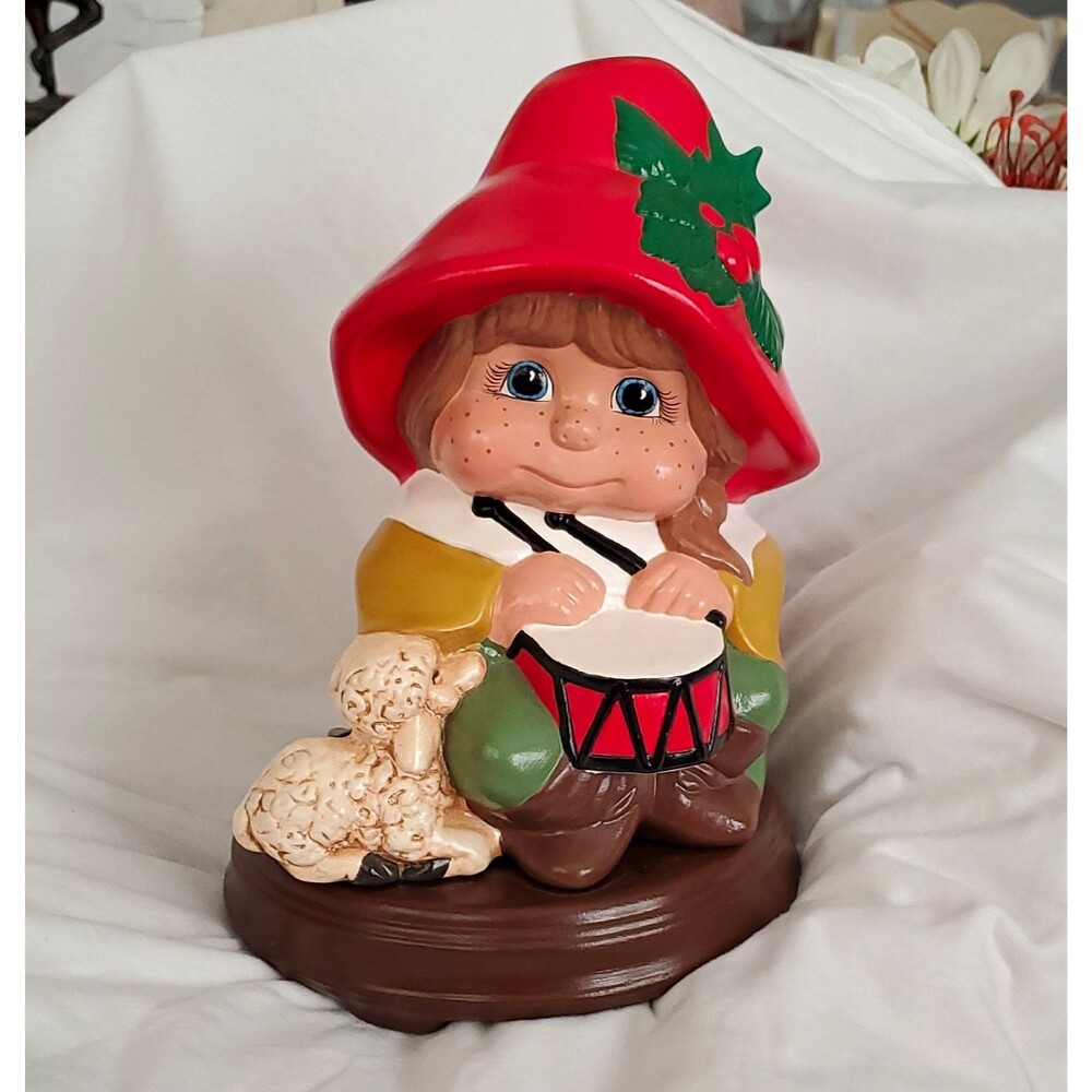 Christmas Wind-Up Music Box Figurine Boy Drummer w/ Holly Hat & Lamb